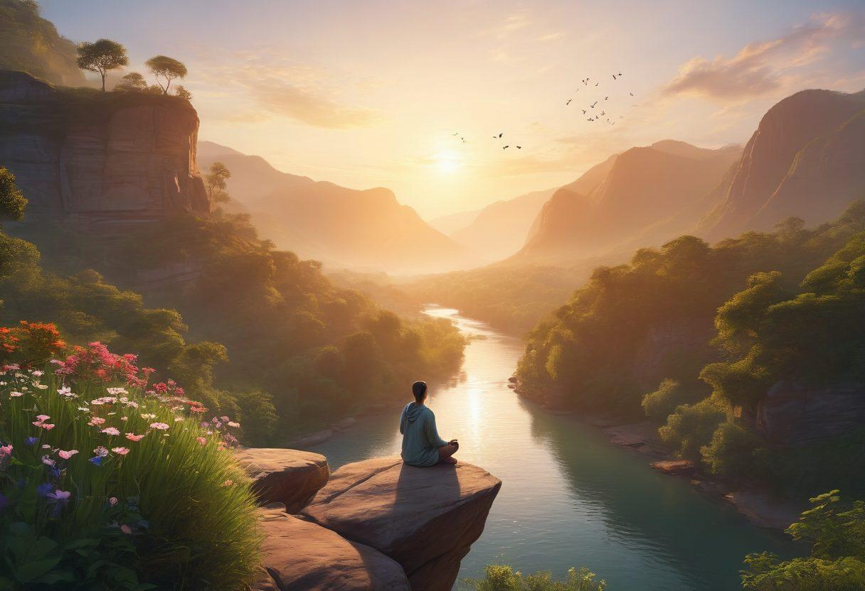 A serene landscape depicting a person meditating on a cliff at sunrise, overlooking a valley filled with lush greenery and a flowing river, symbolizing clarity and tranquility. Subtle hints of joy, like butterflies and flowers, surround the scene to imply a sense of contentment in simplicity. The overall mood is peaceful and uplifting. vibrant colors. super-realistic.