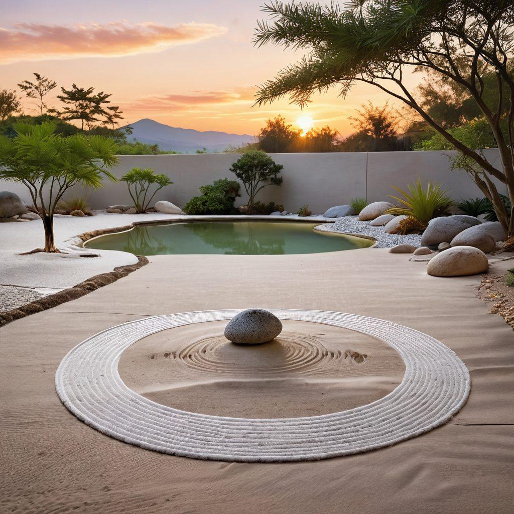 A serene landscape featuring a minimalist zen garden with smooth, raked sand and a single stone centerpiece that symbolizes clarity. In the background, a tranquil pond reflects soft pastel hues of sunset colors, suggesting peace and joy. Include a person meditating in stillness, embodying contentment through simplicity. The overall composition should evoke feelings of harmony and mindfulness. super-realistic. vibrant colors. 3D.
