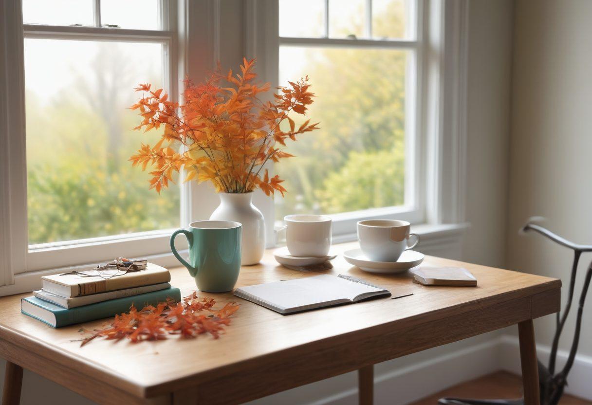 A serene workspace transformed from chaos to simplicity, showcasing a clean desk with minimalistic decor, a steaming cup of tea, and natural light streaming through a window. Include scattered vibrant leaves to symbolize the joy of change and decluttering. Emphasize bright colors and soft textures to evoke a sense of calm and clarity. super-realistic. vibrant colors. soft focus.